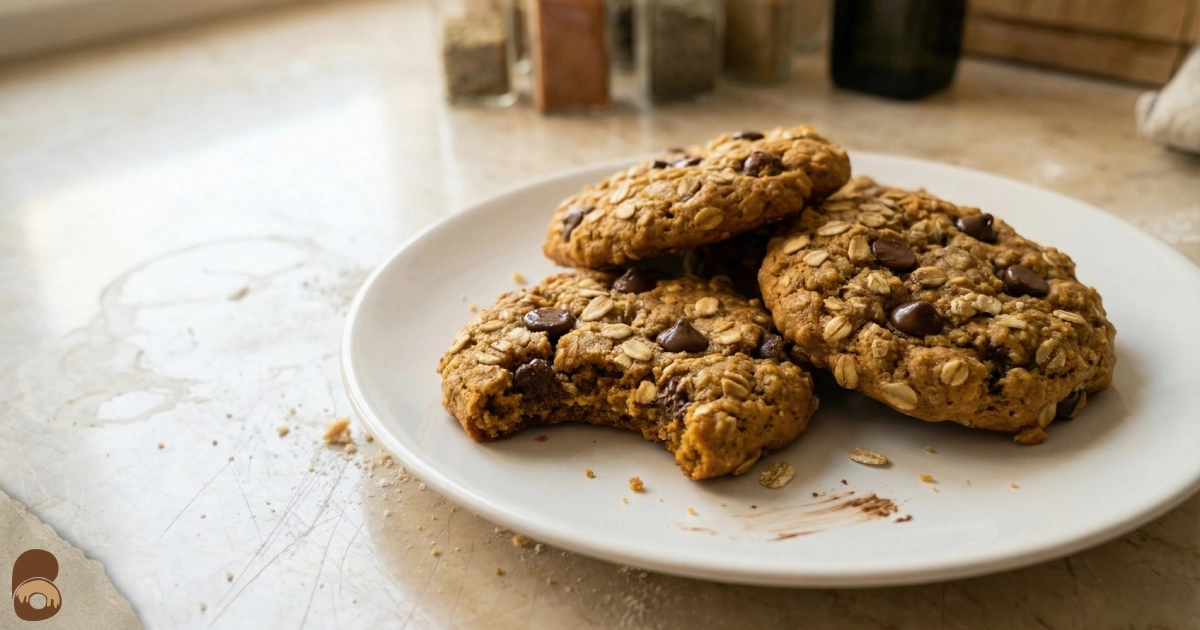 Oatmeal pumpkin chocolate chip cookies on plate with oats, chips, chewy centers