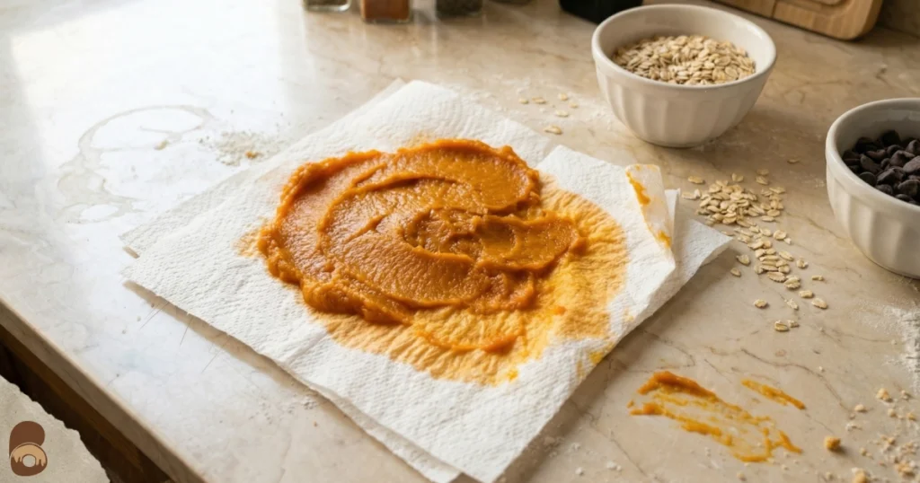 Oatmeal pumpkin chocolate chip cookies prep: pumpkin purée blotted on paper towels.Oatmeal pumpkin chocolate chip cookies prep: pumpkin purée blotted on paper towels