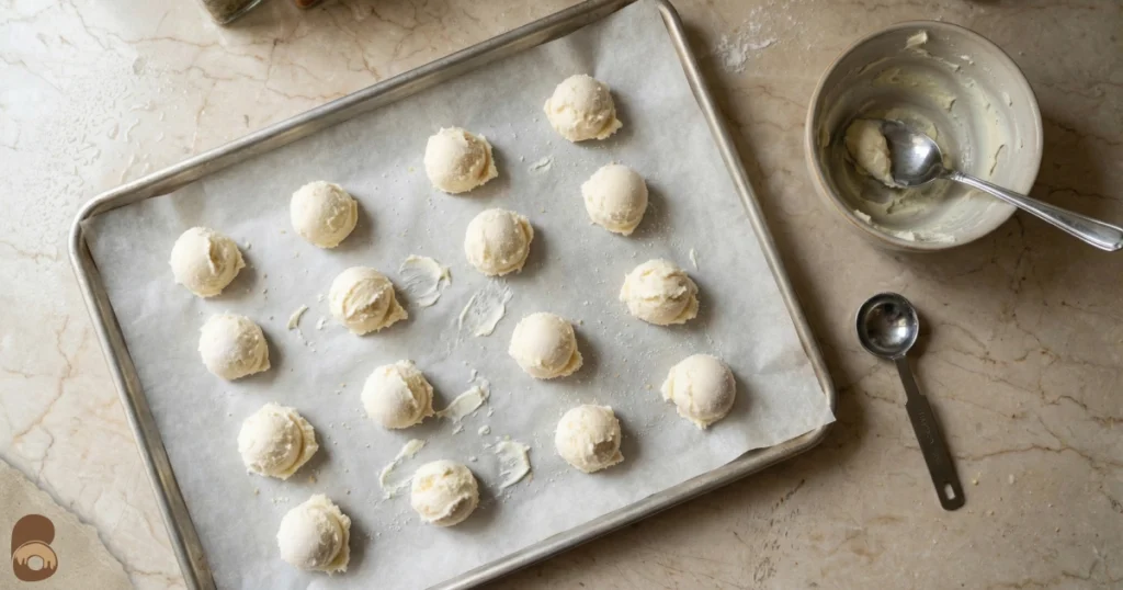 Pumpkin cheesecake cookies frozen cream cheese filling portions on tray, frosty, ready to stuff.