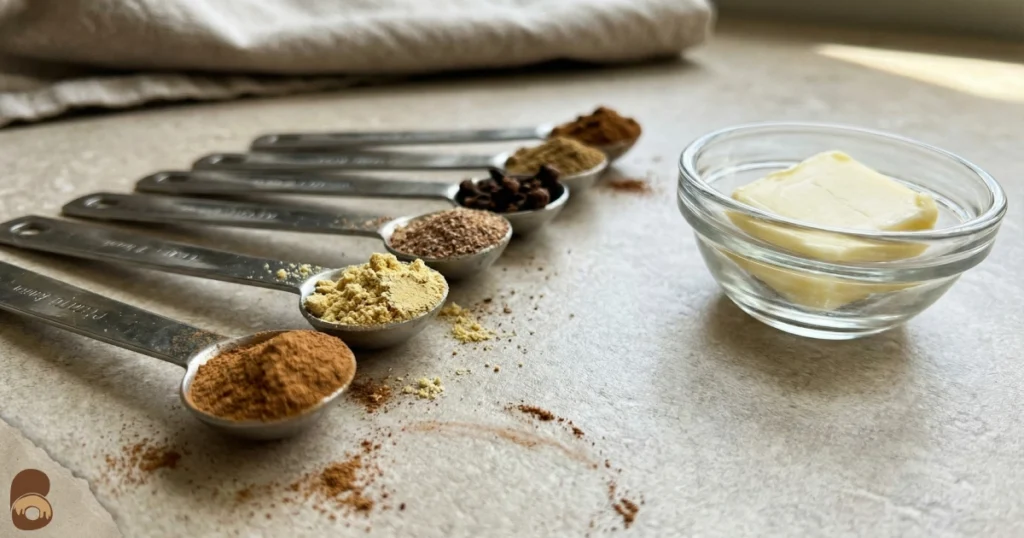 Pumpkin spice cookies spices in small measured amounts, close-up, ready to bloom.