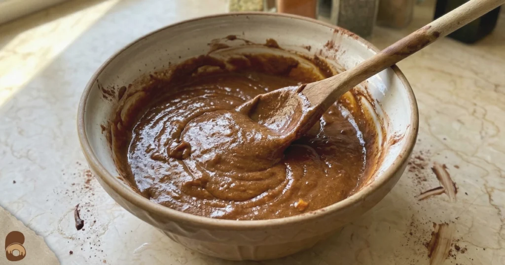Easy pumpkin dessert brownie batter in bowl showing thick glossy texture before baking