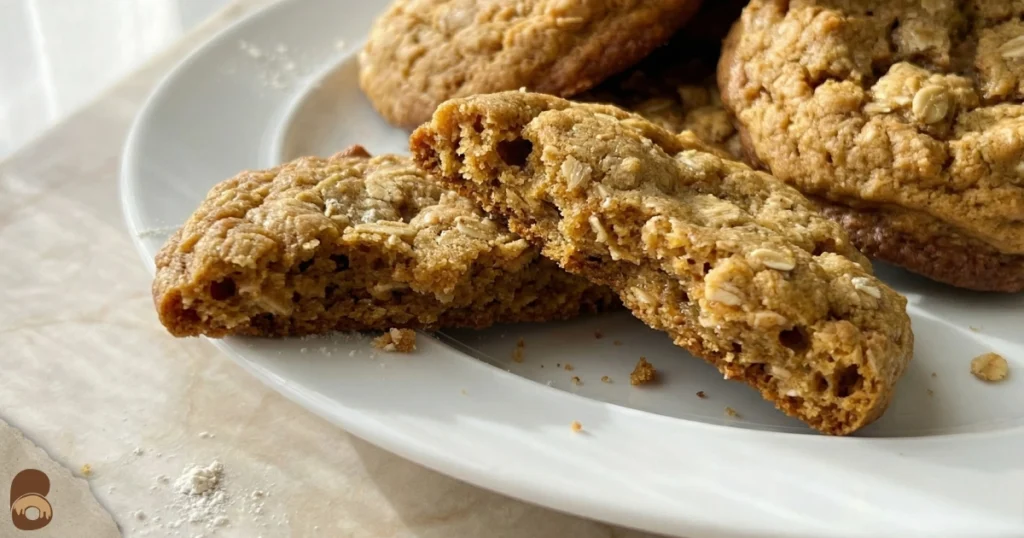 Oatmeal pumpkin cookies broken open showing moist chewy crumb and visible oats