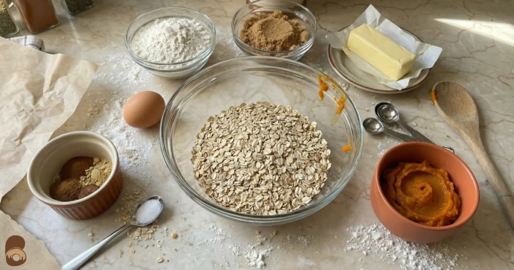 Oatmeal pumpkin cookies ingredients with pumpkin puree, oats, flour, brown sugar, spices