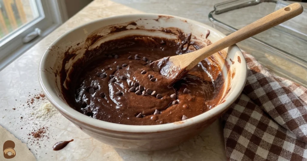 Mixing bowl with prime bites protein brownies batter showing thick glossy spreadable consistency