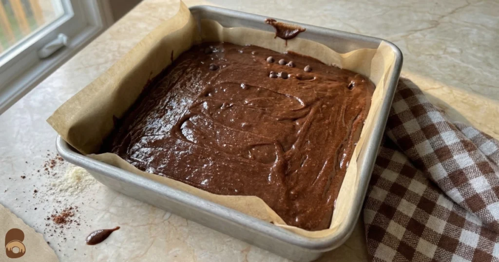 Prime bites protein brownies batter in pan showing thick glossy spreadable texture