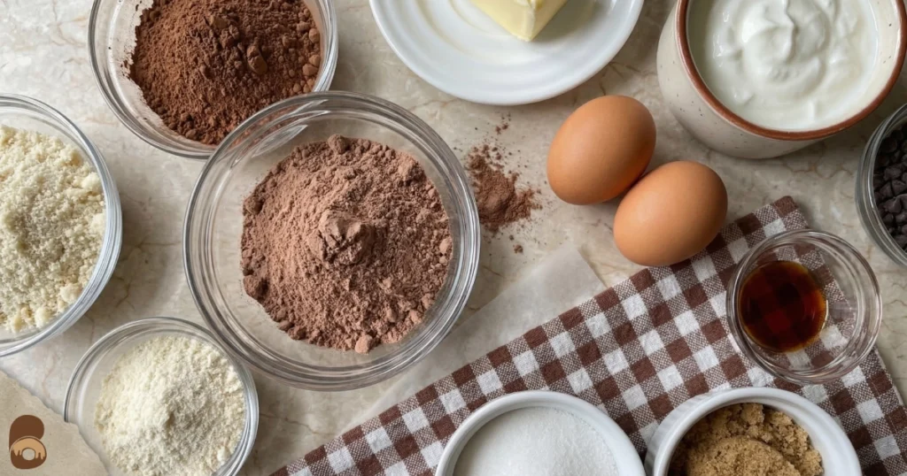 Prime bites protein brownies ingredients close up with cocoa, whey protein, eggs, butter