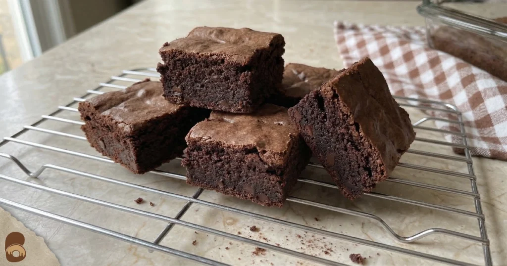 Prime bites protein brownies stacked on cooling rack showing dense fudgy chocolate centers