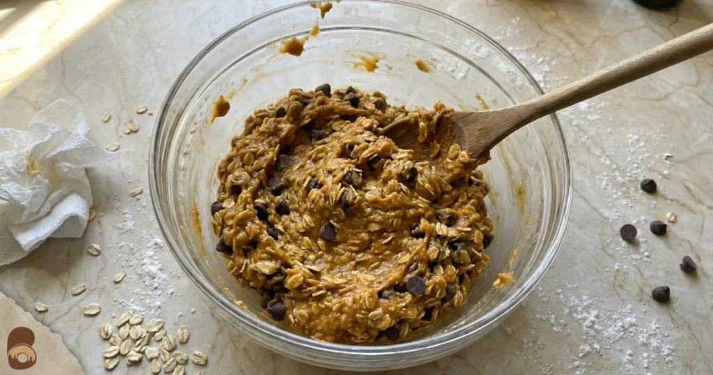 Pumpkin oatmeal chocolate chip cookies dough in bowl, thick sticky texture with oats and chips