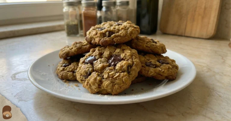 Pumpkin oatmeal chocolate chip cookies on plate, chewy edges, soft centers, melty chips