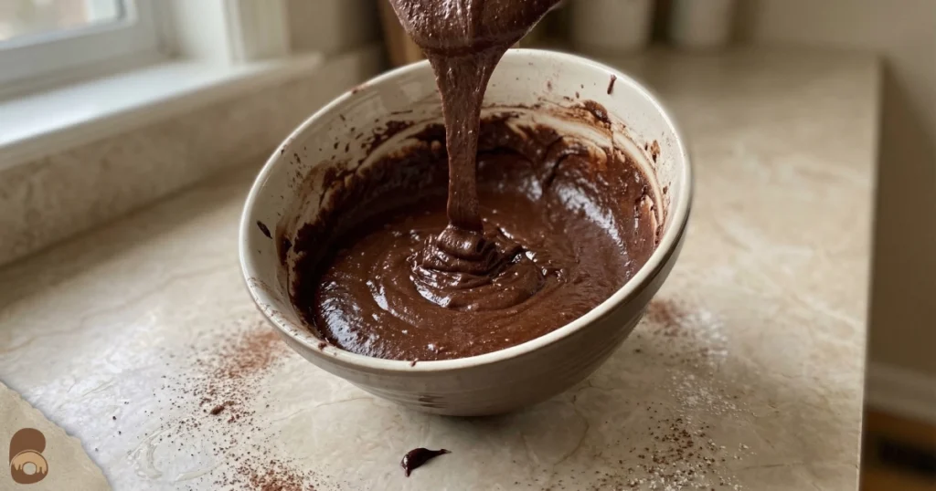 brownie bites batter in bowl showing glossy ribbon texture and dense chocolate consistency

