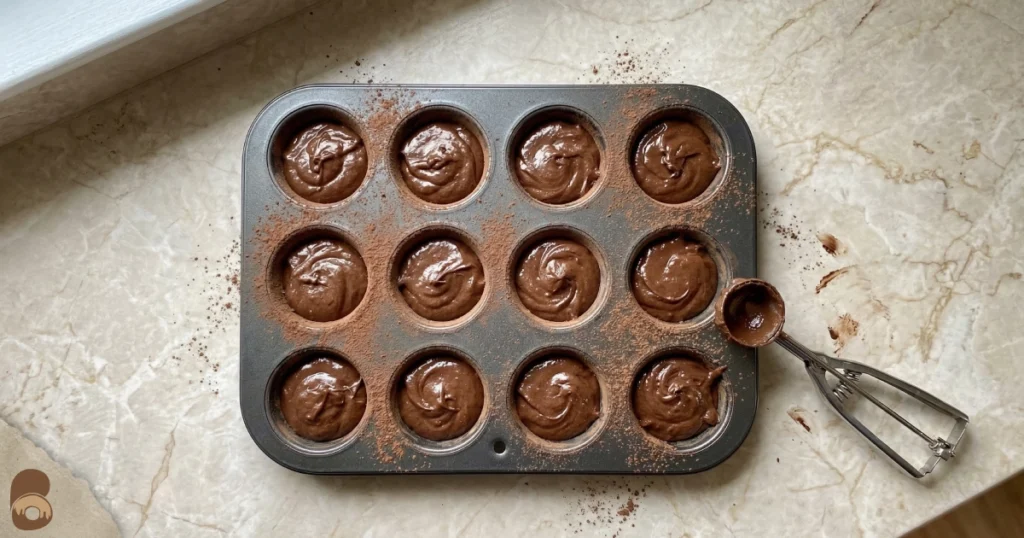 brownie bites in mini muffin pan filled three-quarters full before baking at home