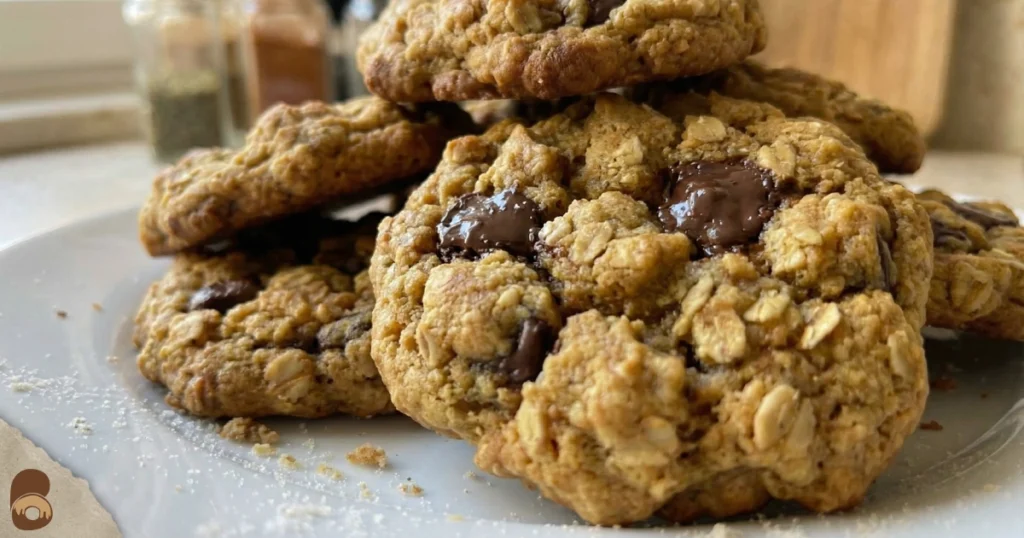 macro close up Pumpkin oatmeal chocolate chip cookies on plate, chewy edges, soft centers, melty chips